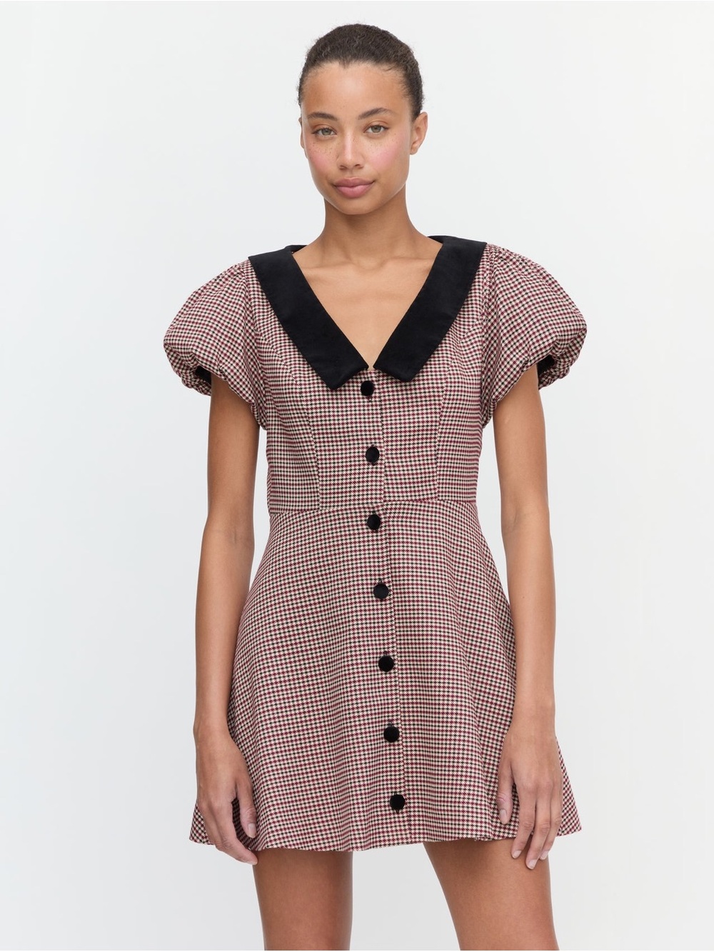 Mini Dress with Black Collar in Burgundy Gingham